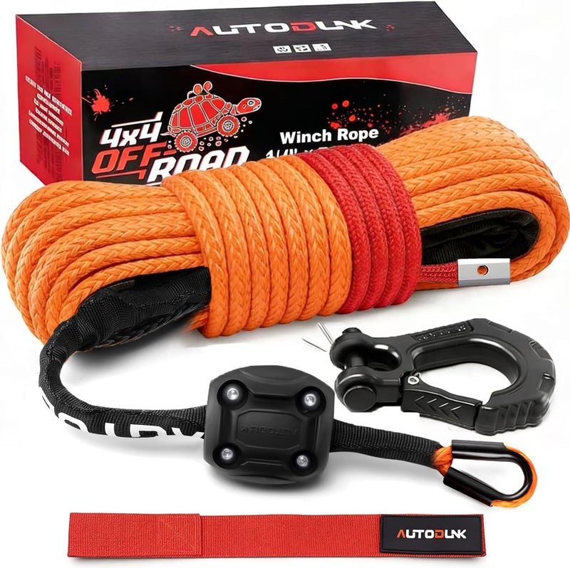 AUTODUNK Synthetic Winch Rope - 1/4" x 50ft 10,000LBS Winch Line with Protective Sleeve, Forged Winch Hook and Rubber Stopper, Synthetic Winch Cable for 4WD ATV UTV Offroad Vehicles Orange - Image 1